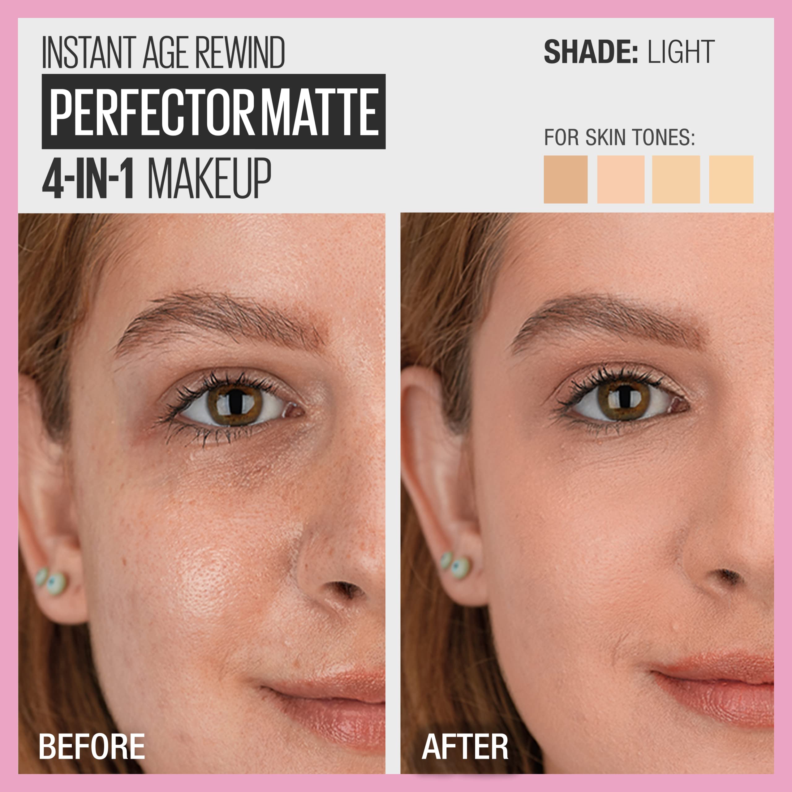 Maybelline Instant Age Rewind 4en1 matte, difumina poros y manchas leves.