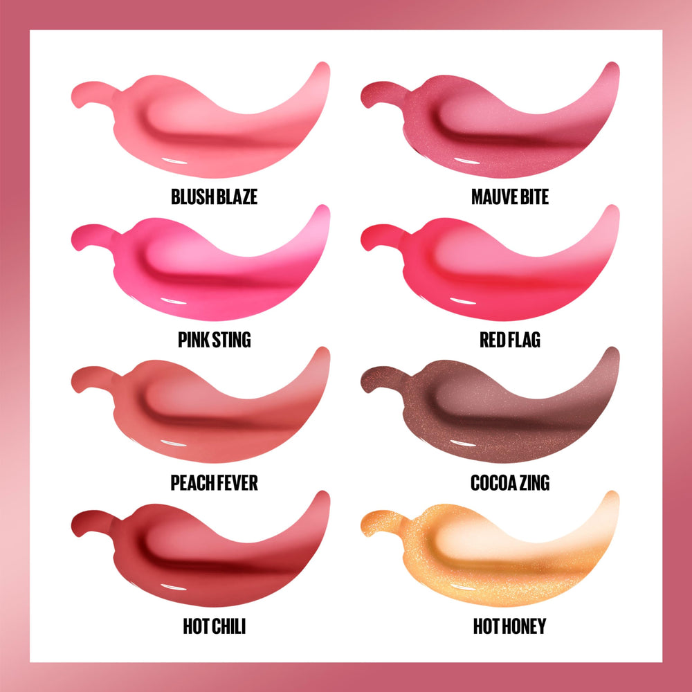 Maybelline Lifter Gloss Plump shade range includes Hot Chili and more.