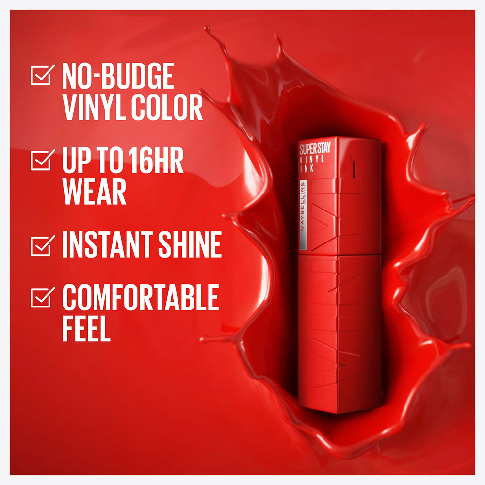 Maybelline Super Stay Vinyl Ink, agita antes de aplicar para color uniforme y duradero.