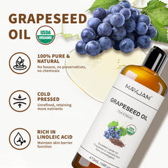 MAYJAM frasco de aceite de uva para piel suave y balanceada.