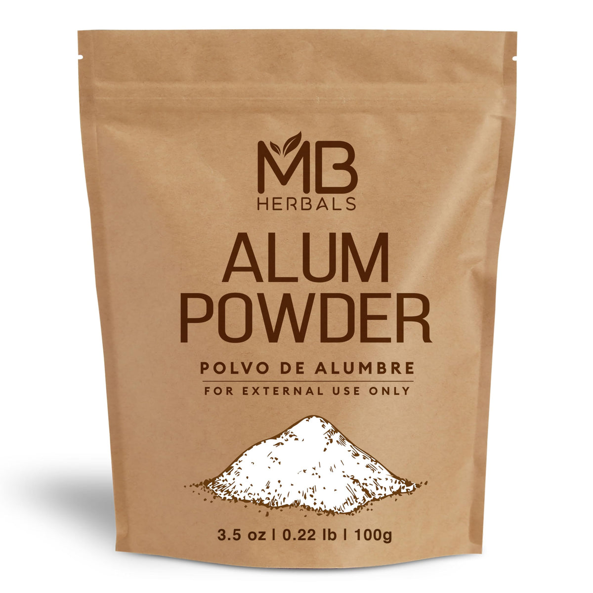 MB Herbals Polvo de alumbre 100 g en empaque kraft, uso cosmético externo.