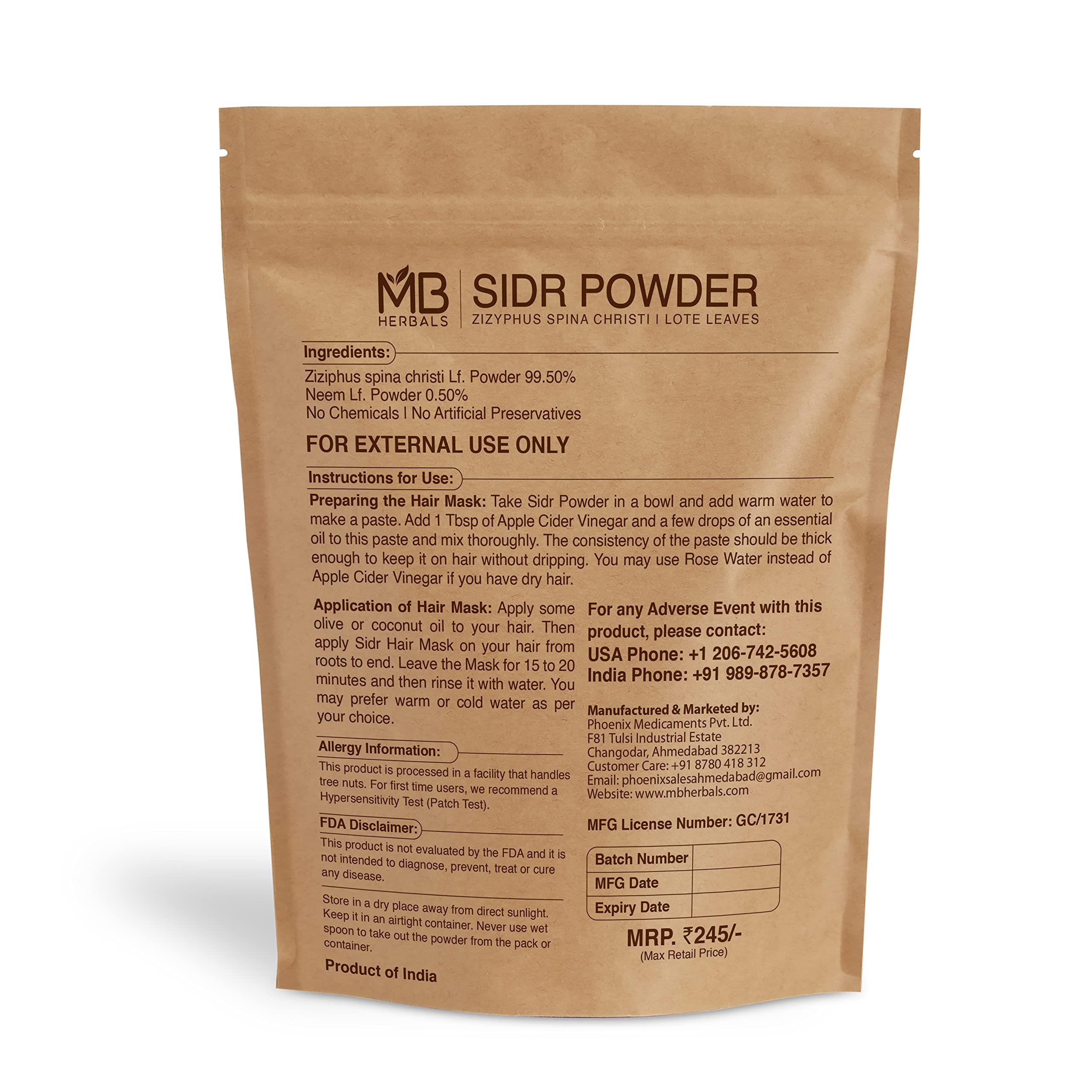 MB Herbals Sidr y Neem, mezcla de polvo herbal para mascarilla capilar nutritiva.