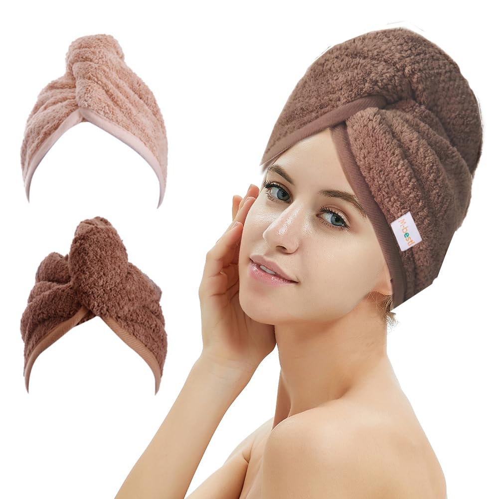 M-bestl turbante cafe para secar el cabello con botón