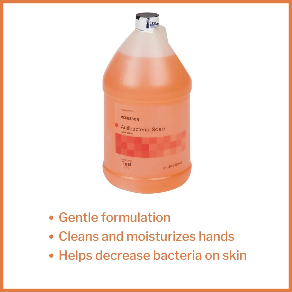 McKesson antibacterial hand soap gallon jar with screw-top cap for refills.