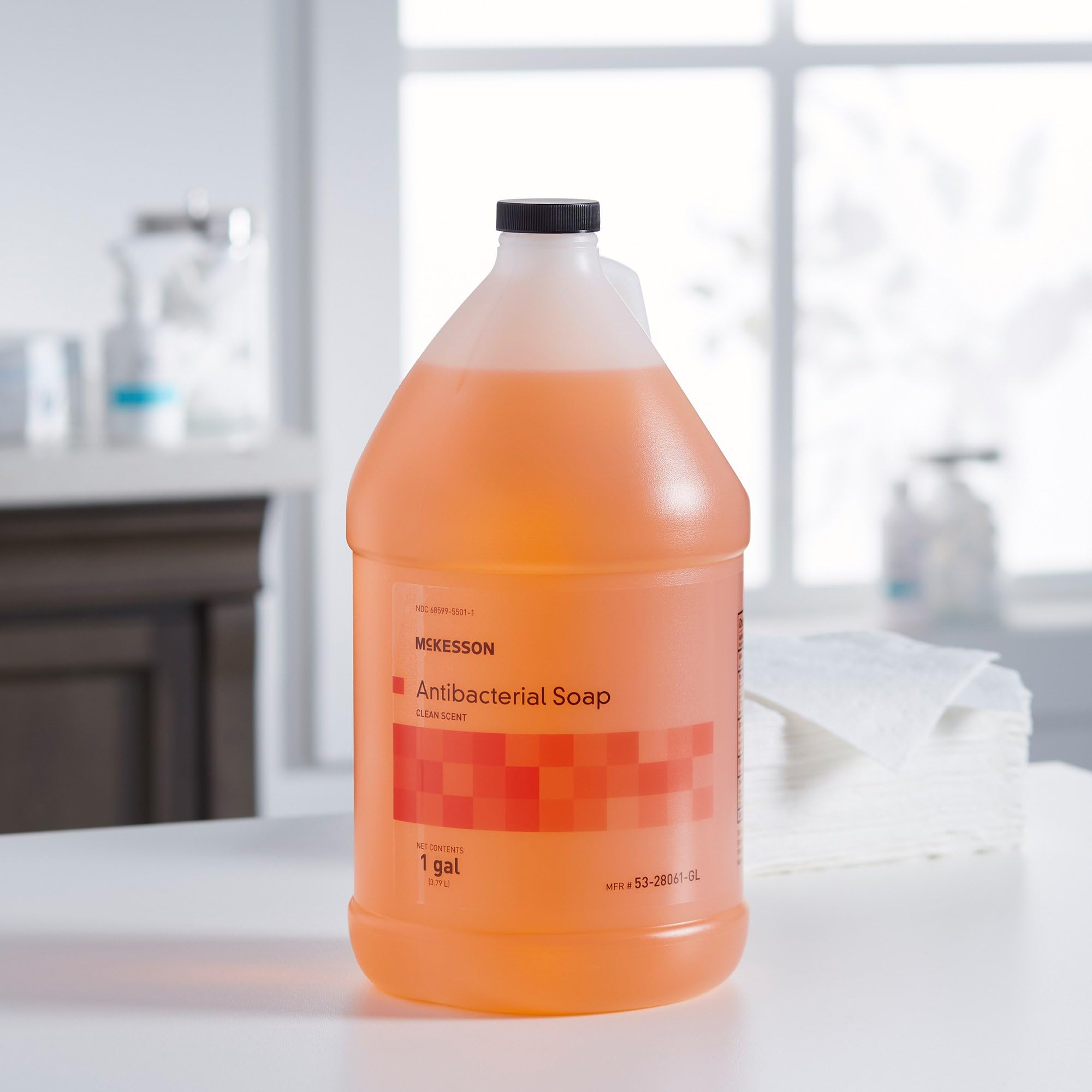 Brand label on McKesson antibacterial soap bottle for easy recognition.