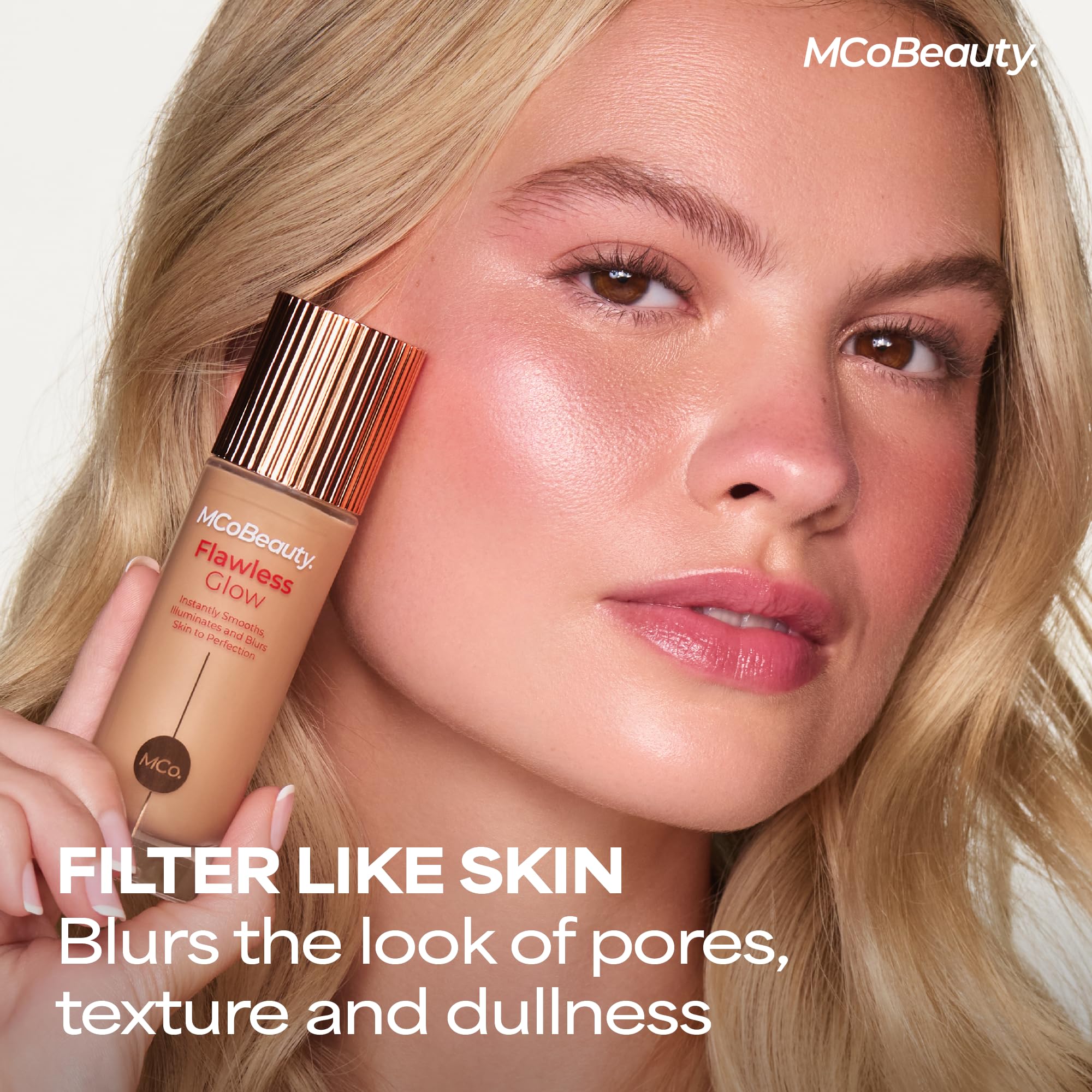 MCoBeauty Flawless Glow tinted base blends with foundation for luminosity.