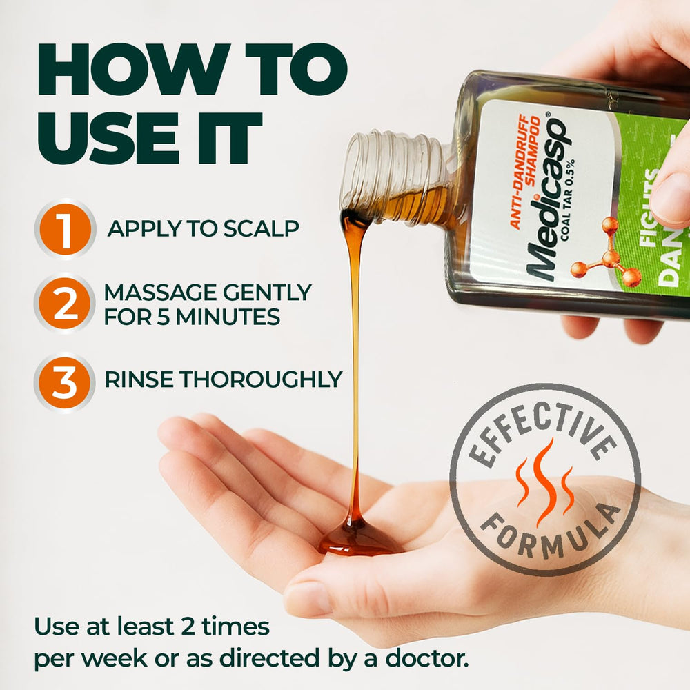 Medicasp Coal Tar Shampoo after-use scalp relief visuals.