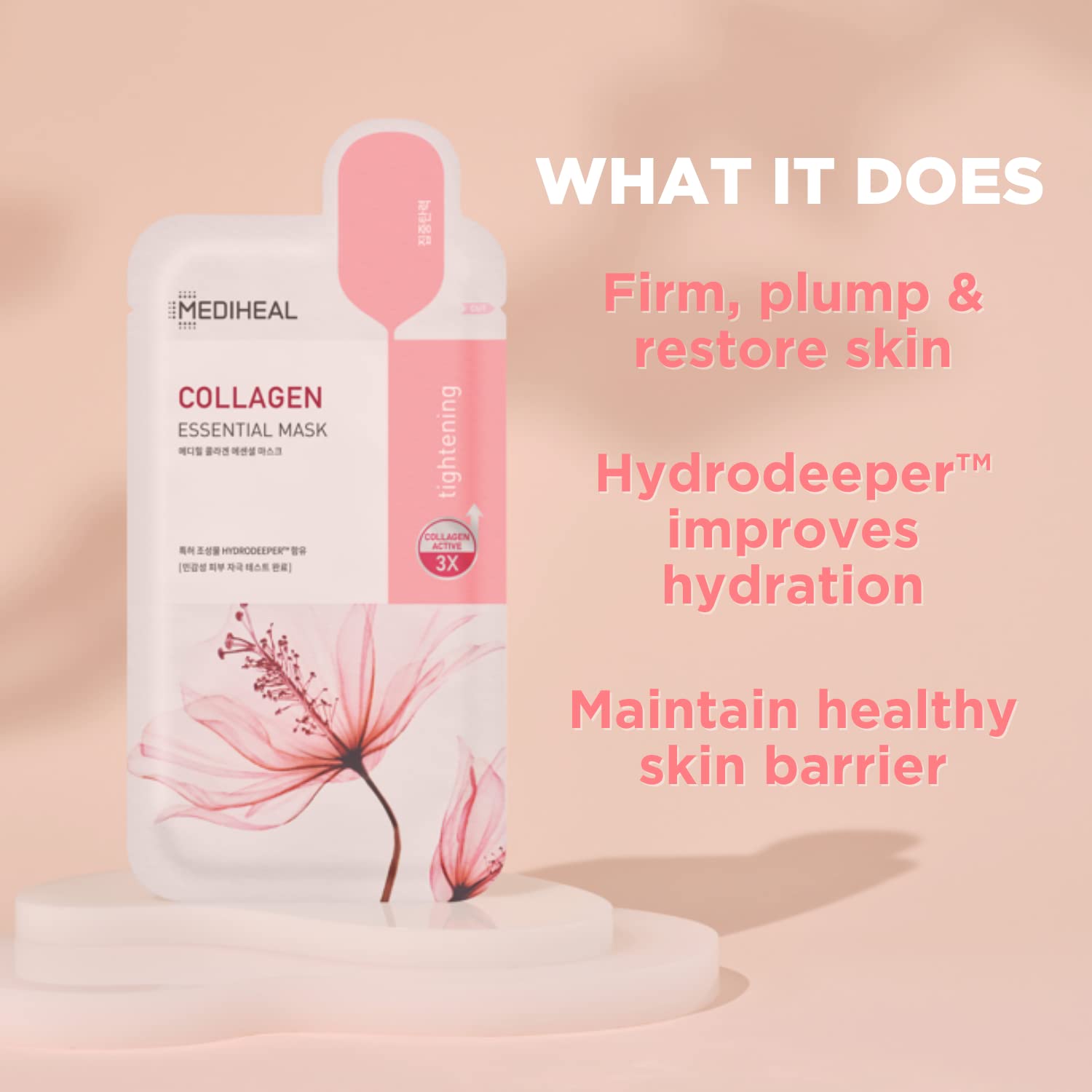 Mediheal Collagen Essential, aplicación suave para mascarilla cómoda en rostro.