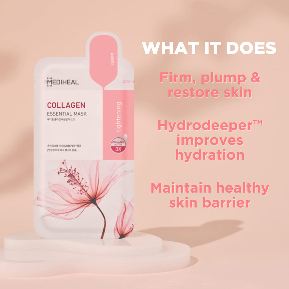 Mediheal Collagen Essential, aplicación suave para mascarilla cómoda en rostro.