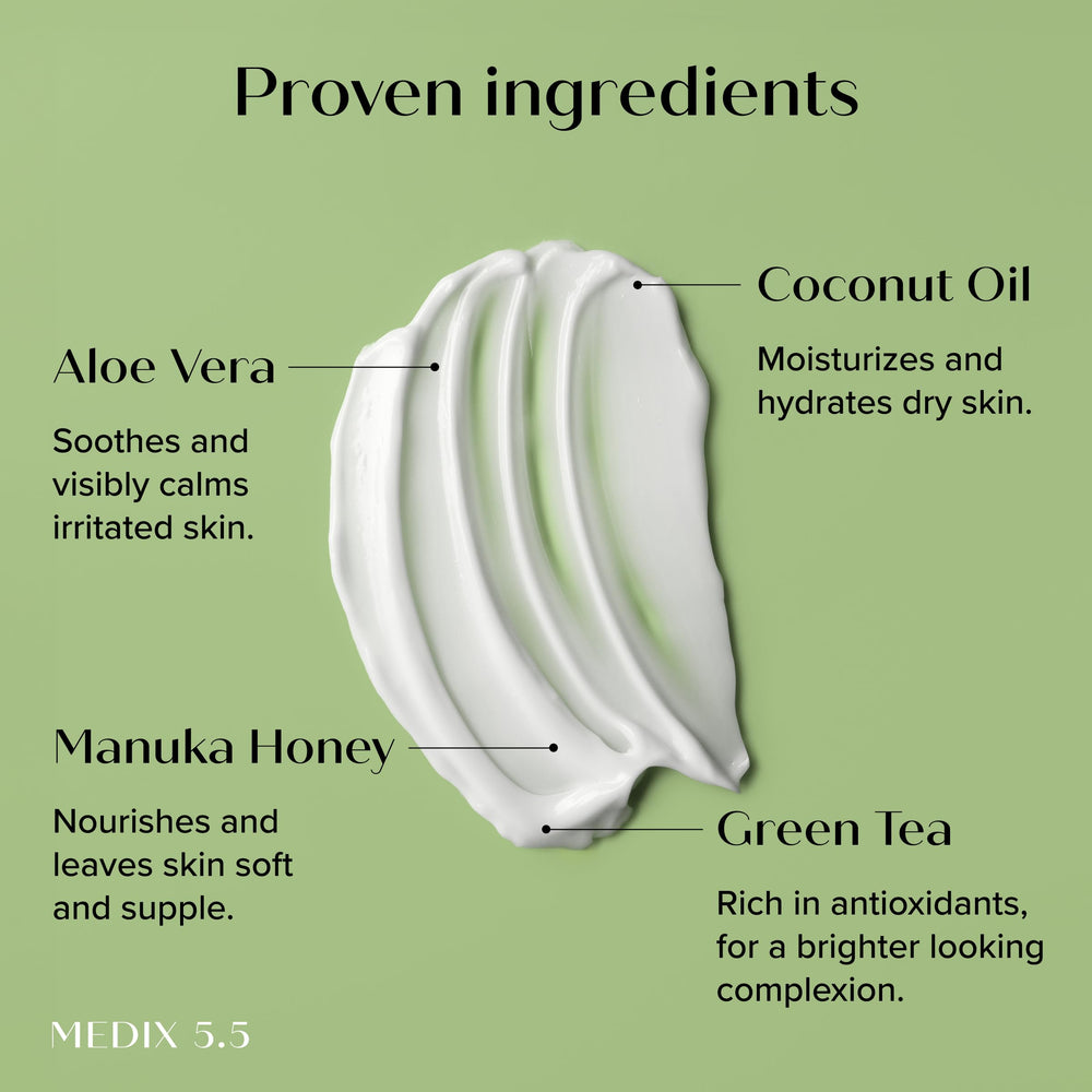 Crema facial Medix 5.5 coco-manuka, hidratación diaria para piel flexible.