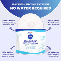 MedVance Gorro champú sin enjuague en uso para lavado sin agua.