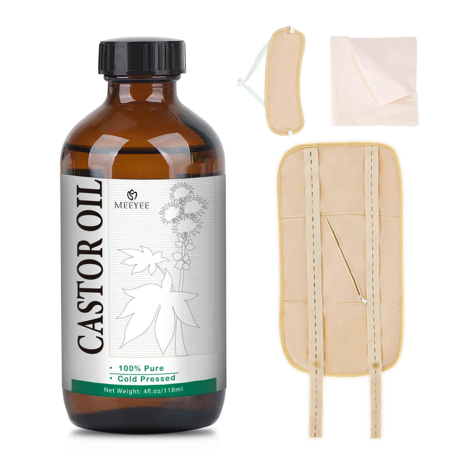 Aceite de ricino MEEYEE en frasco de vidrio para desintoxicación suave.