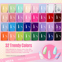 MEFA 32 esmaltes gel de 7 ml para una amplia paleta de colores.