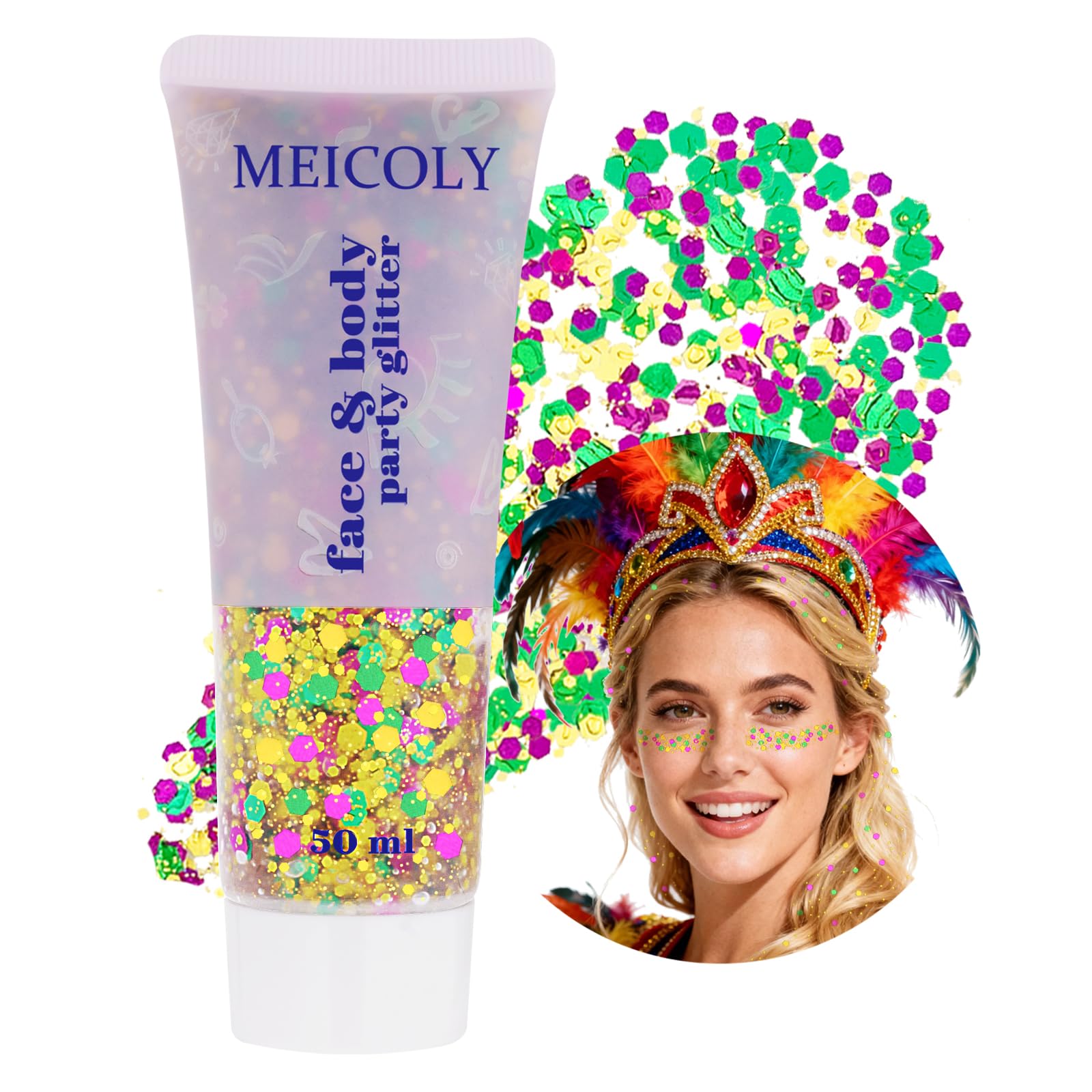 MEICOLY Mardi Gras glitter en tubo para rostro con brillo intenso.