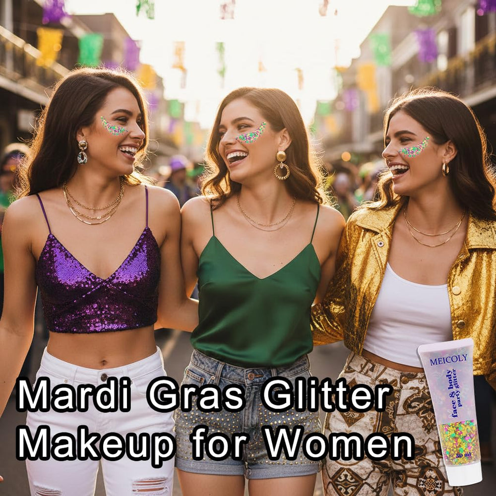 Brillos holográficos dorados, verdes y morados para look festivo MEICOLY.