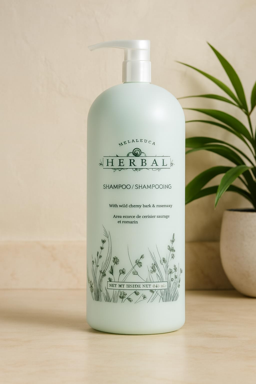 Champú de hierbas Melaleuca con dispensador: dosificación cómoda para uso diario.
