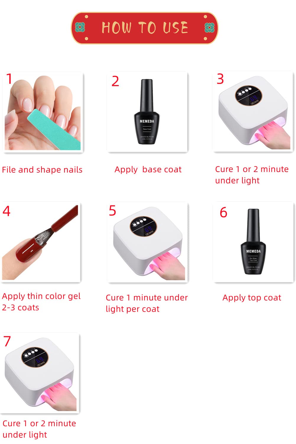 MEMEDA Esmalte gel neutro curado con lámpara LED para secado rápido.