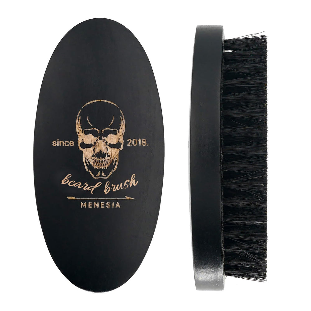 Menesia cepillo barba con cerdas jabalí negro para suavizar barba y distribuir productos.
