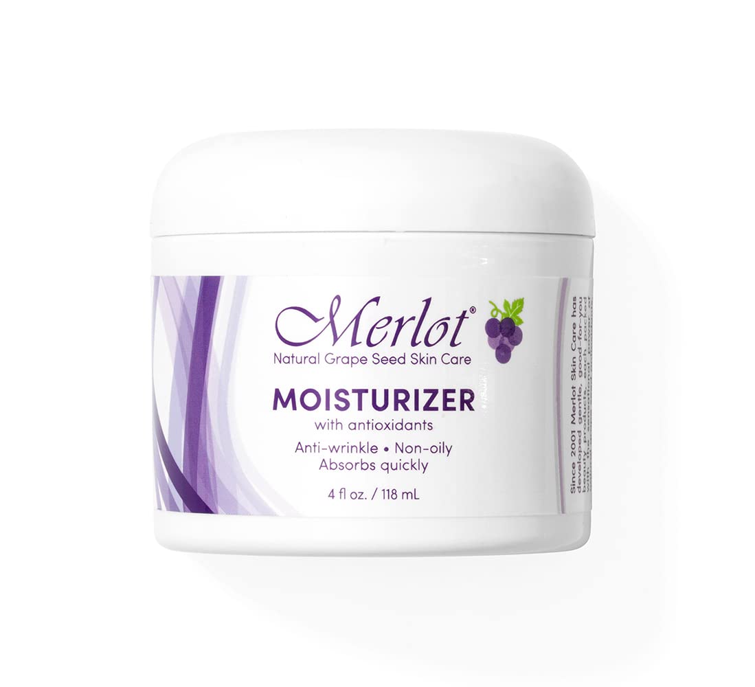 Merlot Moisturizer bottle close-up highlighting grape seed formula for antioxidant care.
