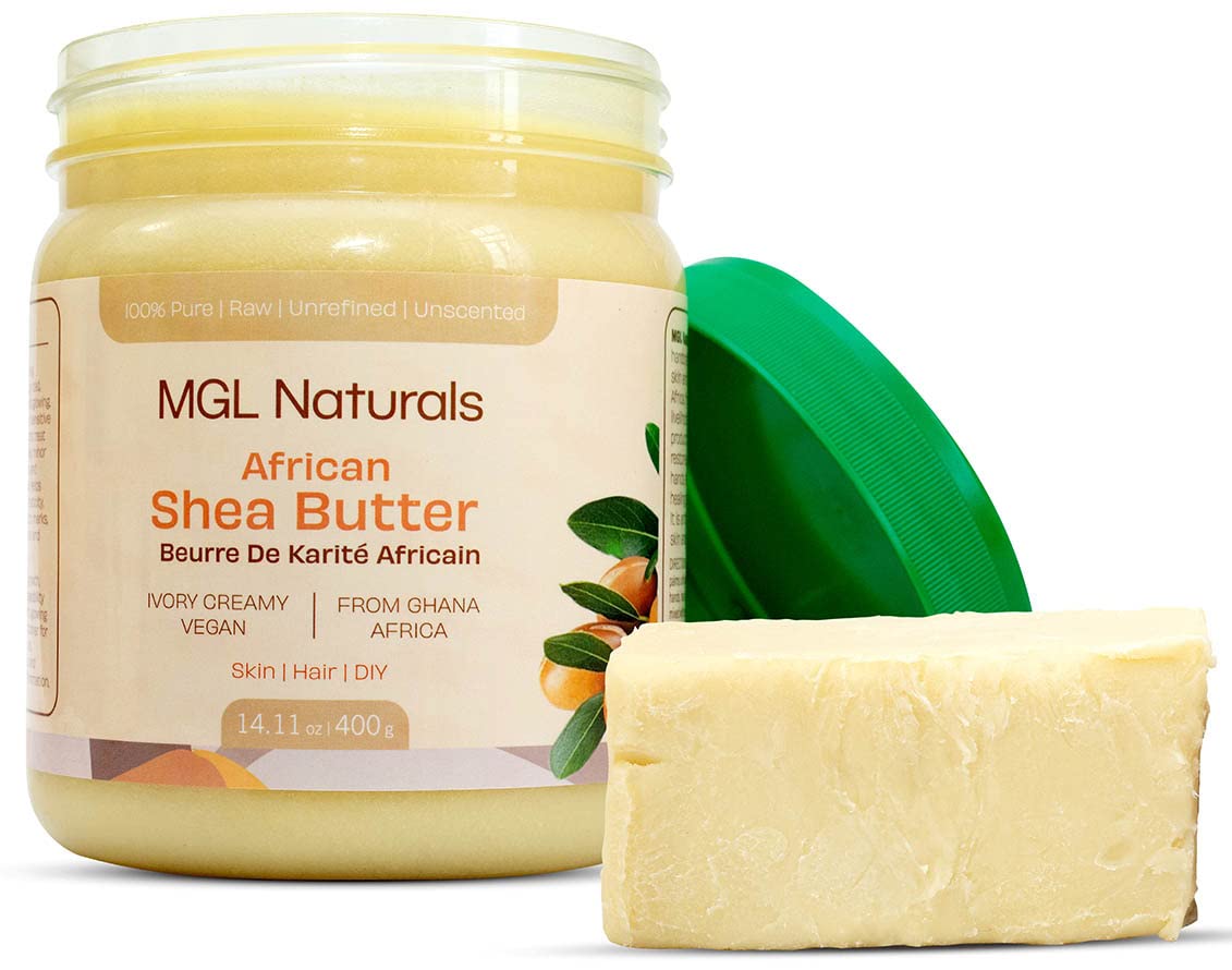 MGL Naturals manteca karité cruda Ivory en bote 16oz para piel suave.