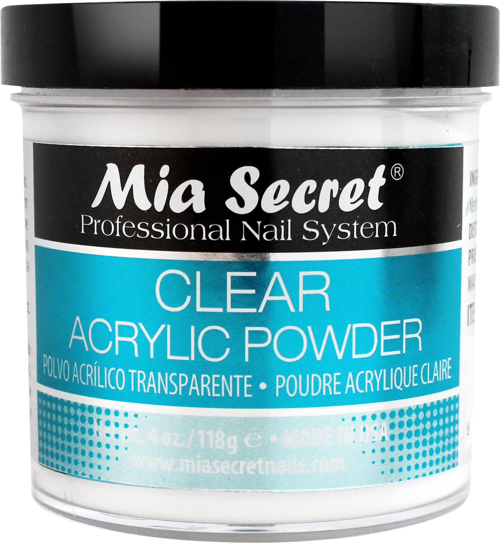 Mia Secret polvo acrílico claro, botella visible, ofrece claridad y adherencia superiores.