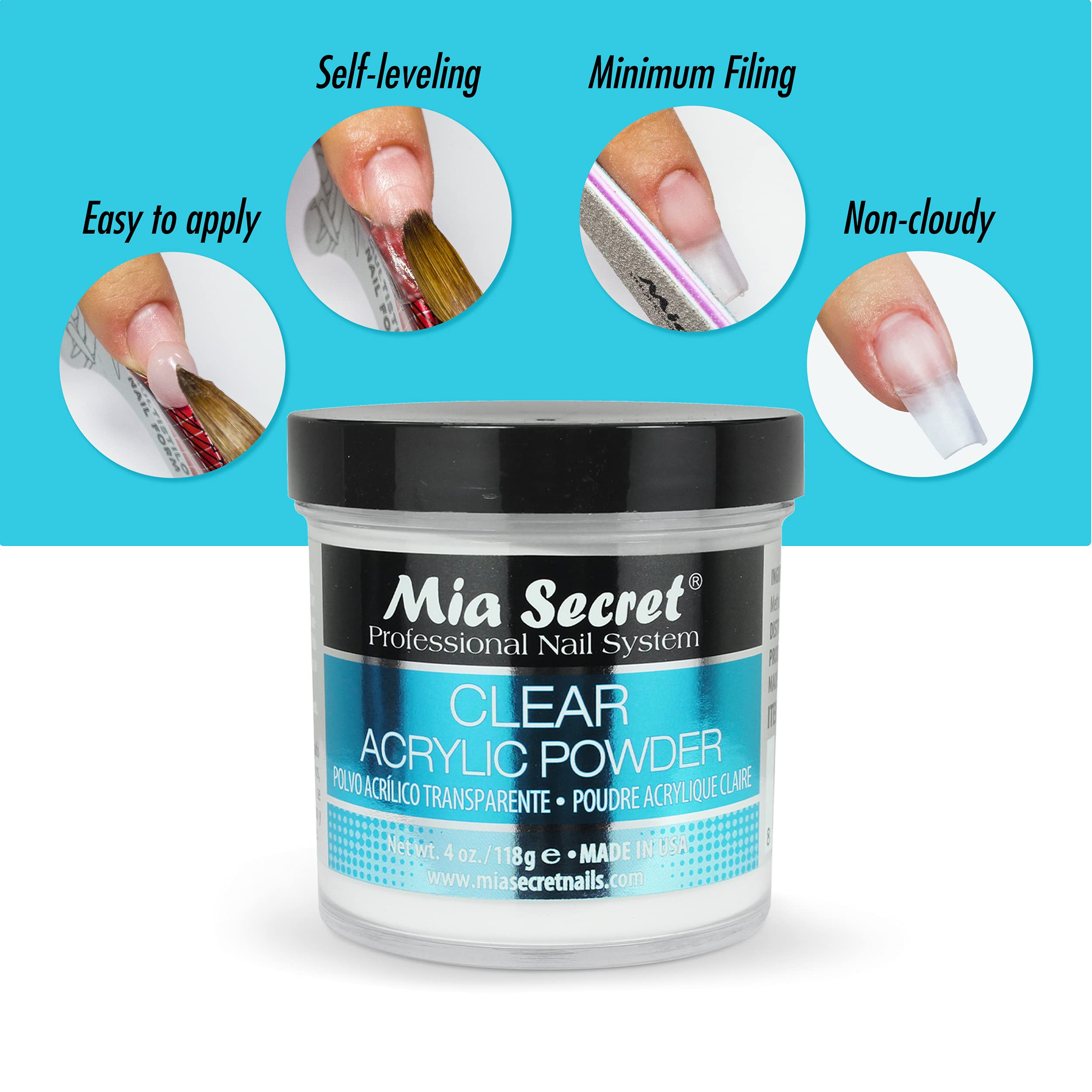 Mia Secret polvo acrílico claro, claridad duradera sin amarilleo para uñas limpias.