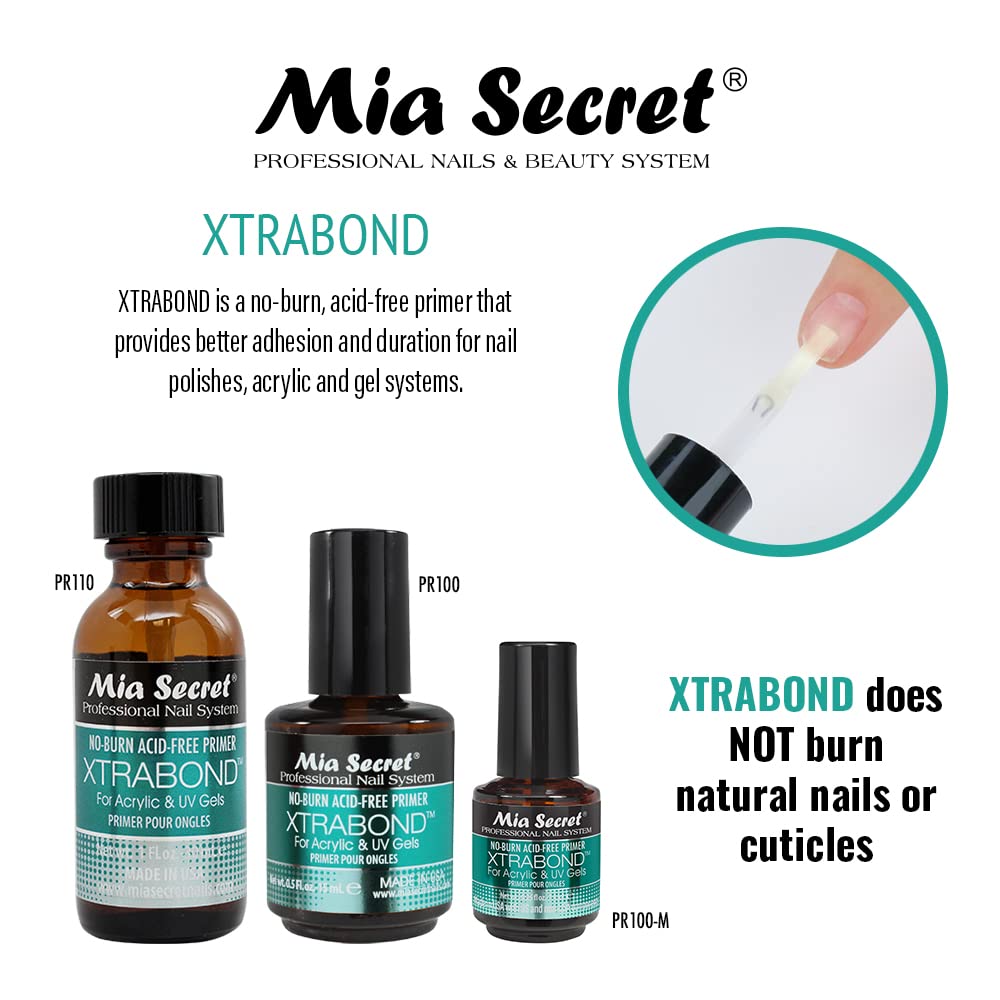 Mia Secret Xtra Bond primer sin ácido para adherencia mejorada en gel y acrílico.