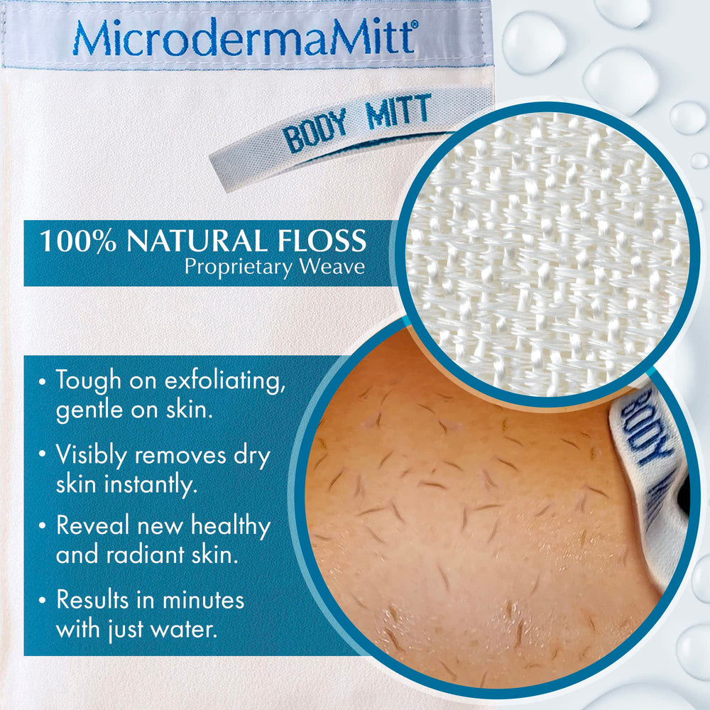 MicrodermaMitt: mano aplicando exfoliante en la ducha para limpieza suave