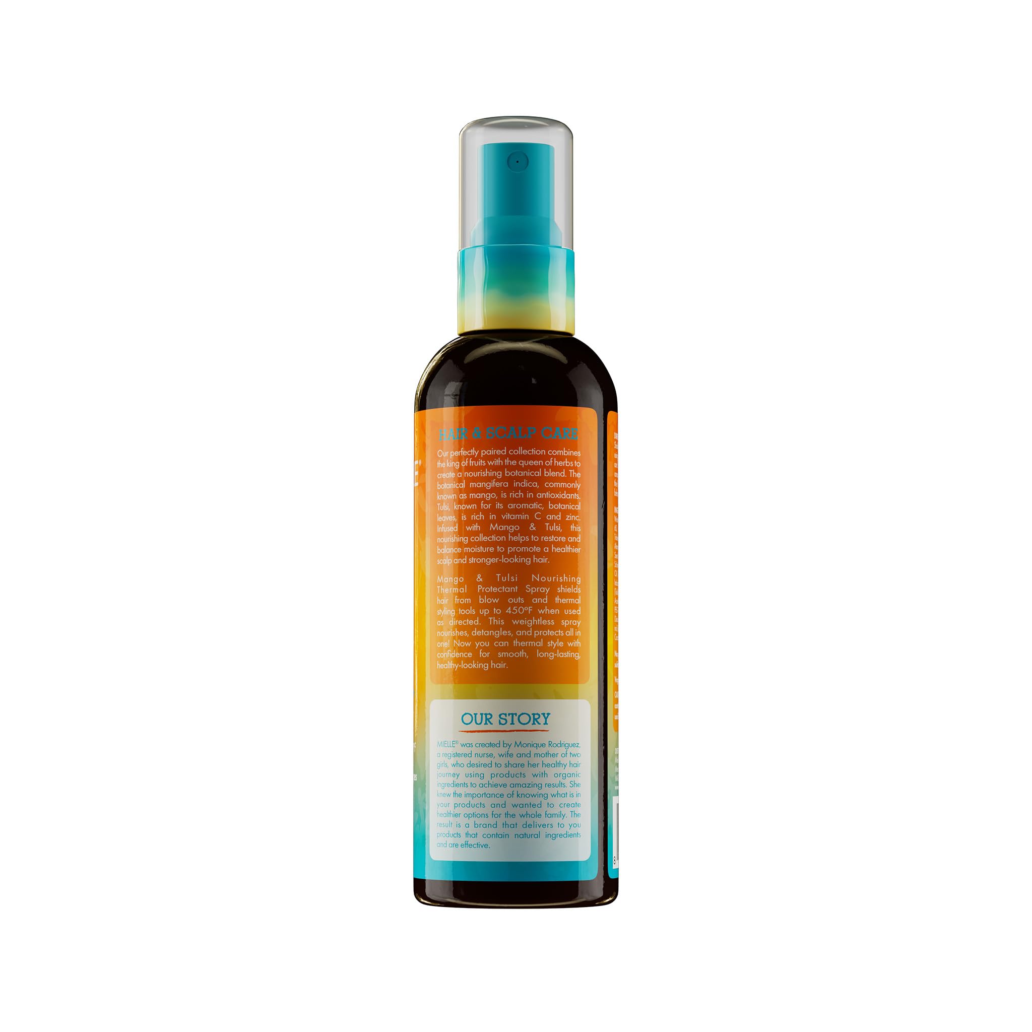 Aplicación de spray térmico de Mielle Organics; protege el cabello durante el secado y peinado.