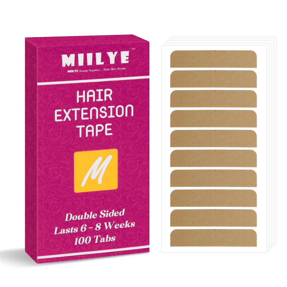 Cinta MIILYE para extensiones de cabello con adhesión doble cara y 100 pestañas para fijación duradera.