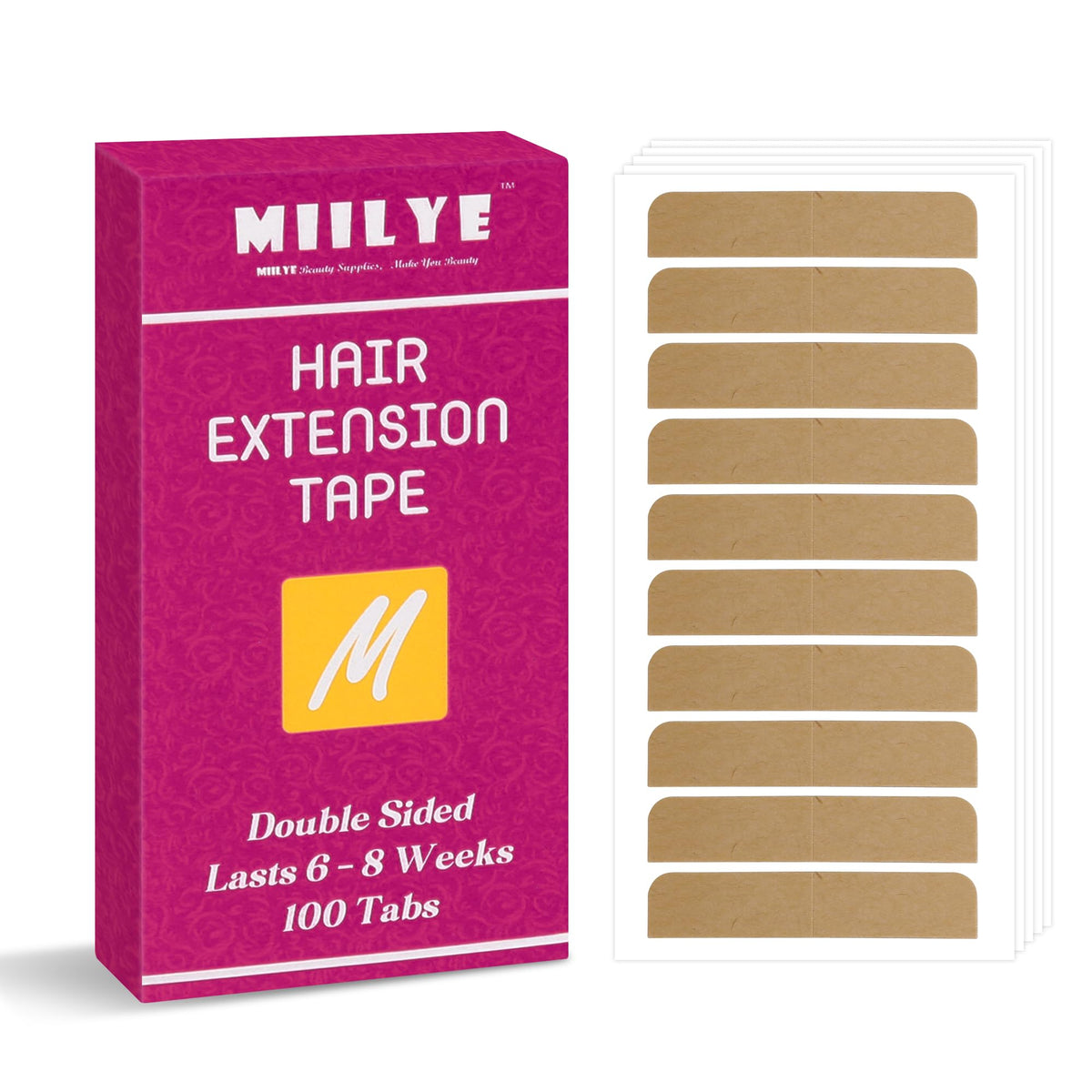 Cinta MIILYE para extensiones de cabello con adhesión doble cara y 100 pestañas para fijación duradera.
