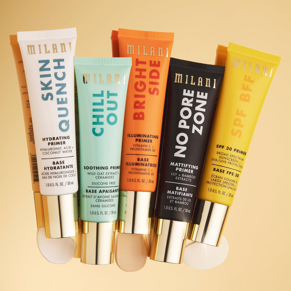 Milani bright-side-brightening-primer on face for a luminous base