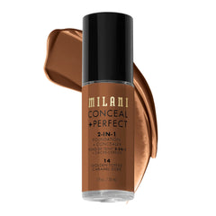 Milani Conceal + Perfect: botella del producto, acabado suave y cobertura duradera.
