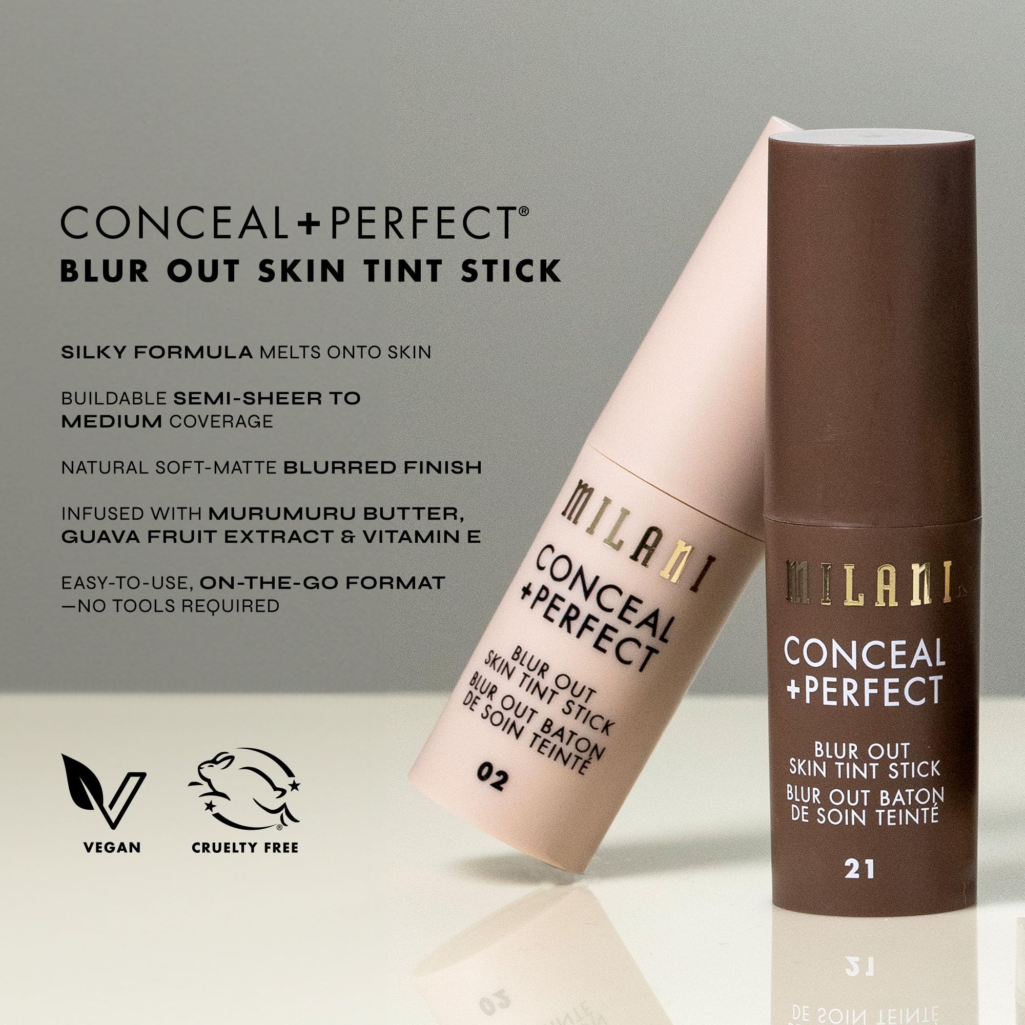Milani Conceal + Perfect Skin Tint Stick, tono 03 pensado para piel media.