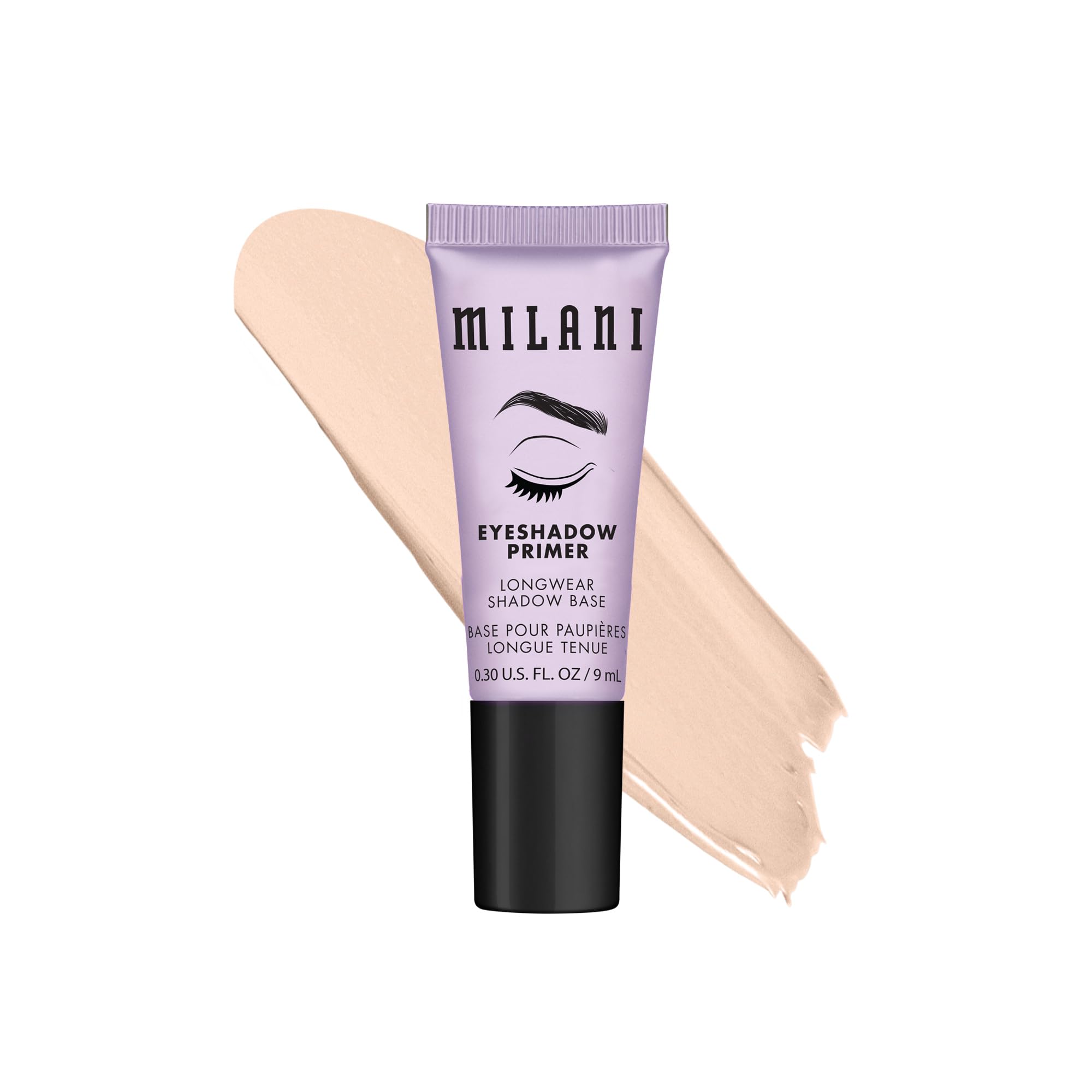 Milani primer de sombras tono desnudo en envase, base suave para sombras.