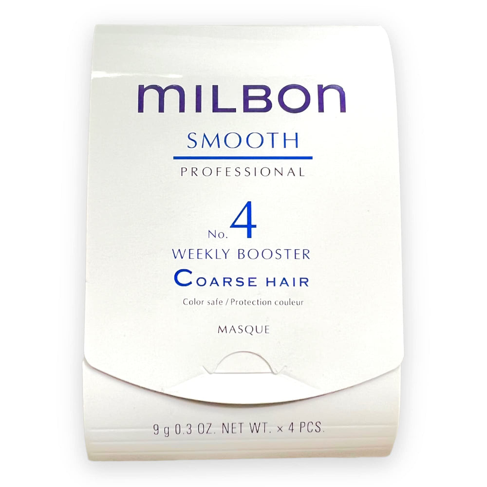 Milbon Smooth No 4 refuerzo semanal, envase, para textura suave en cabello grueso.