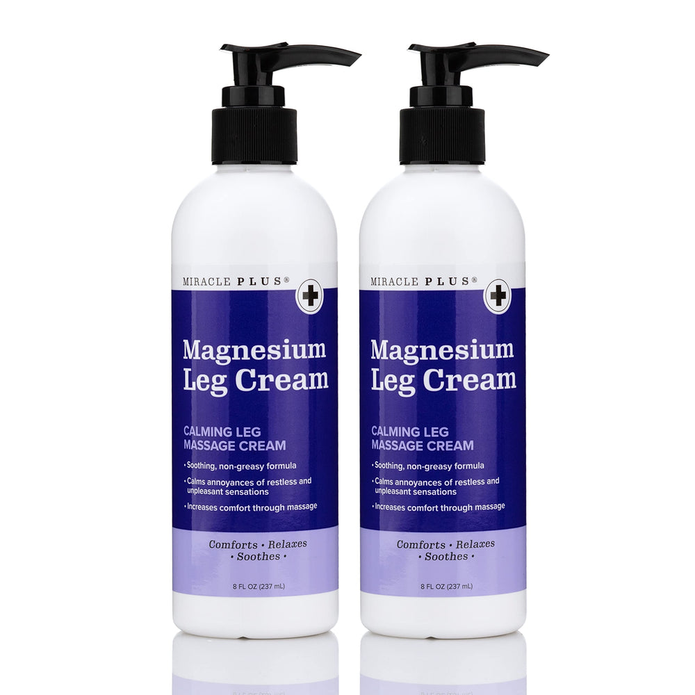 Miracle Plus magnesium cream bottle for targeted leg relief after activity