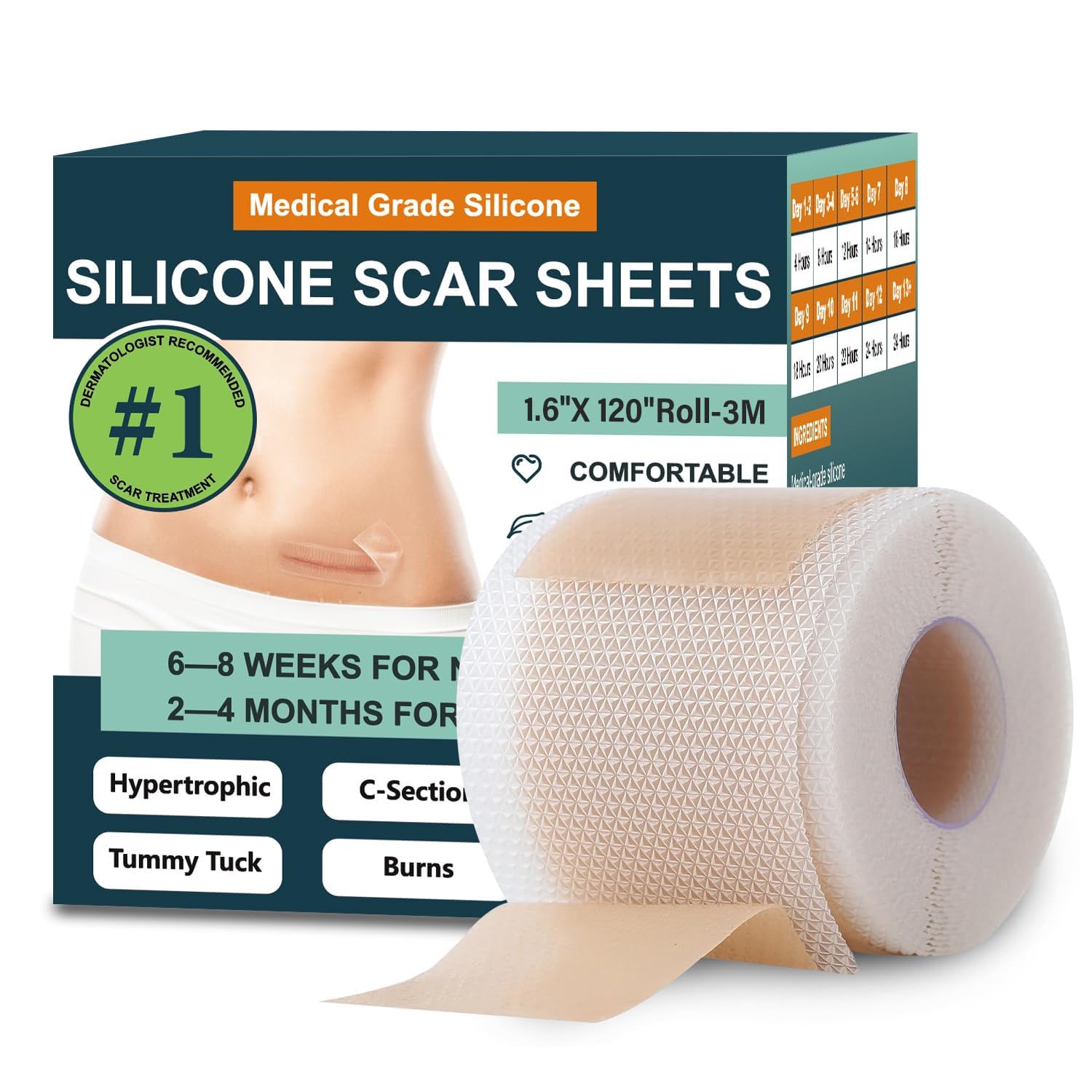 Mitreal hojas de silicona para cicatrices, parche suave que se adapta a la piel.