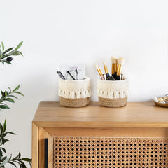 Mkono cesto macramé mini para pinceles, amarillo y blanco, ahorro de espacio