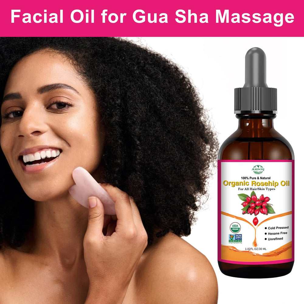 MMPANG Aplicación gua sha en rostro con aceite de rosa mosqueta