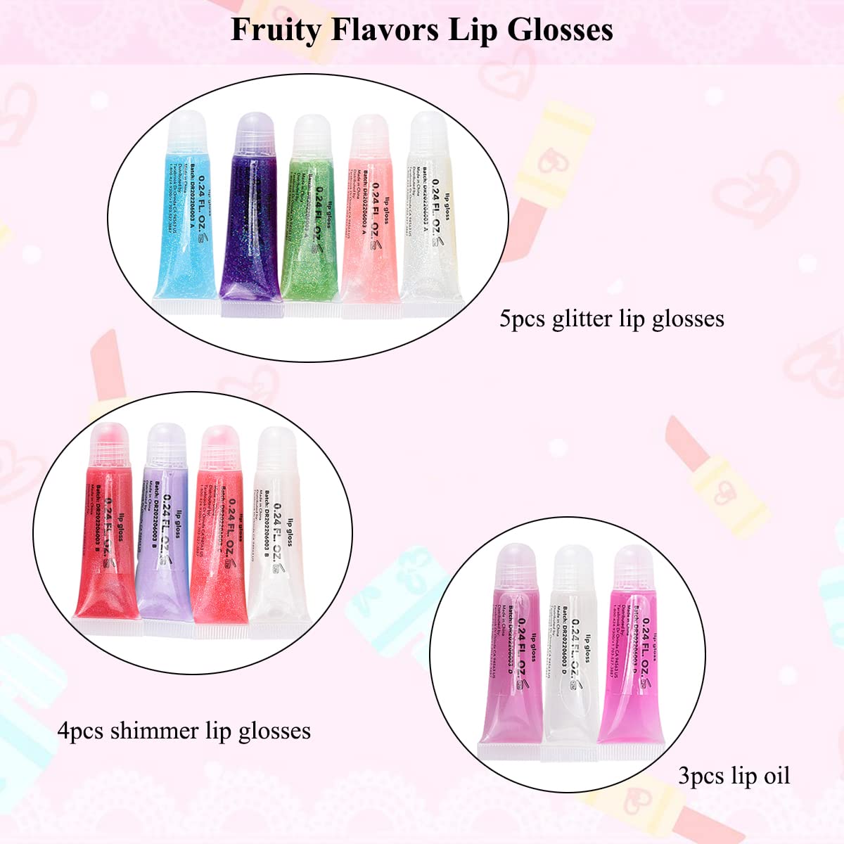M&U 12 assorted flavors lip glosses deliver playful color options.