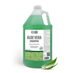 MODA Aloe Champú: cabello brillante tras botella volcada para limpieza profunda.
