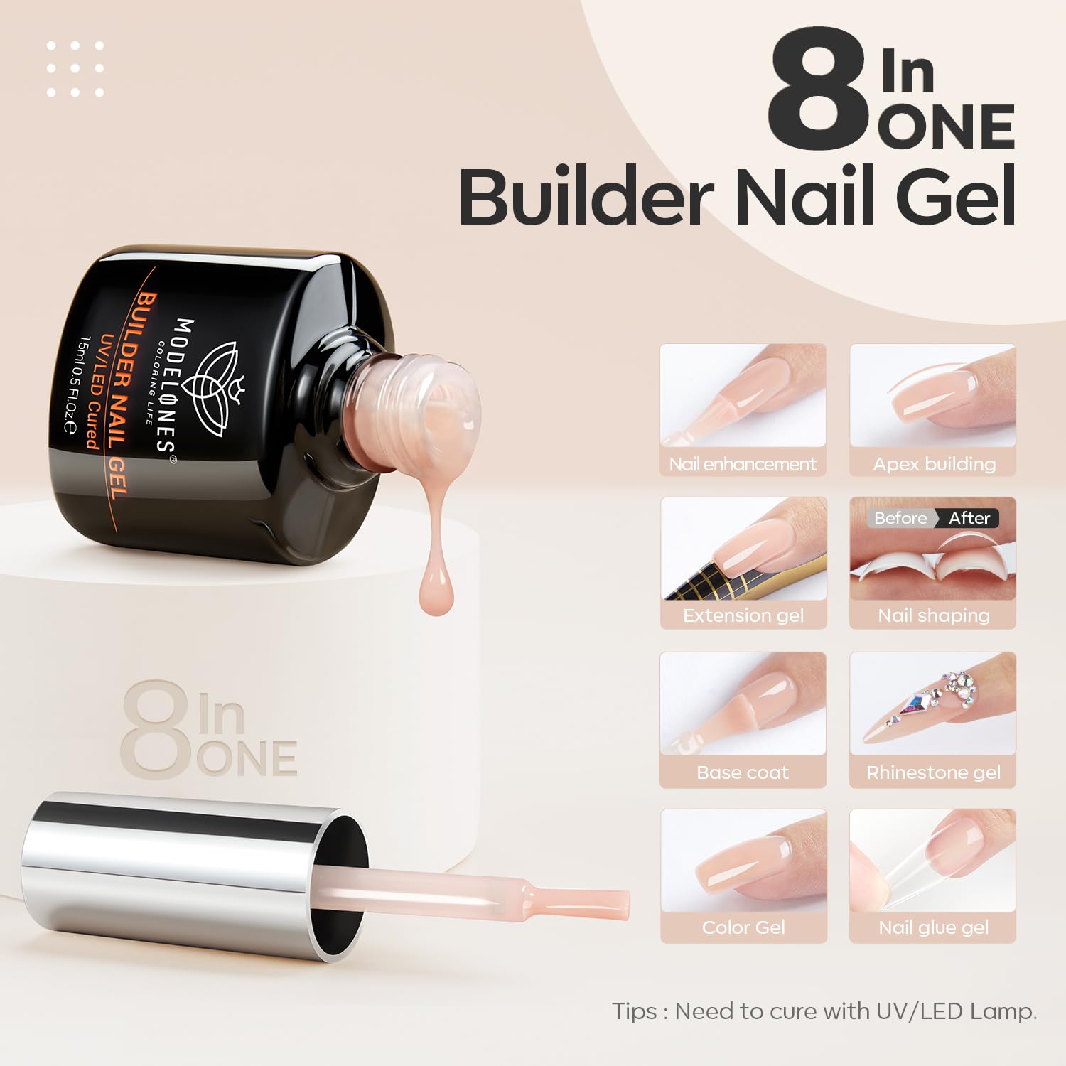 Modelones gel builder con brocha integrada para aplicación rápida y uniforme.