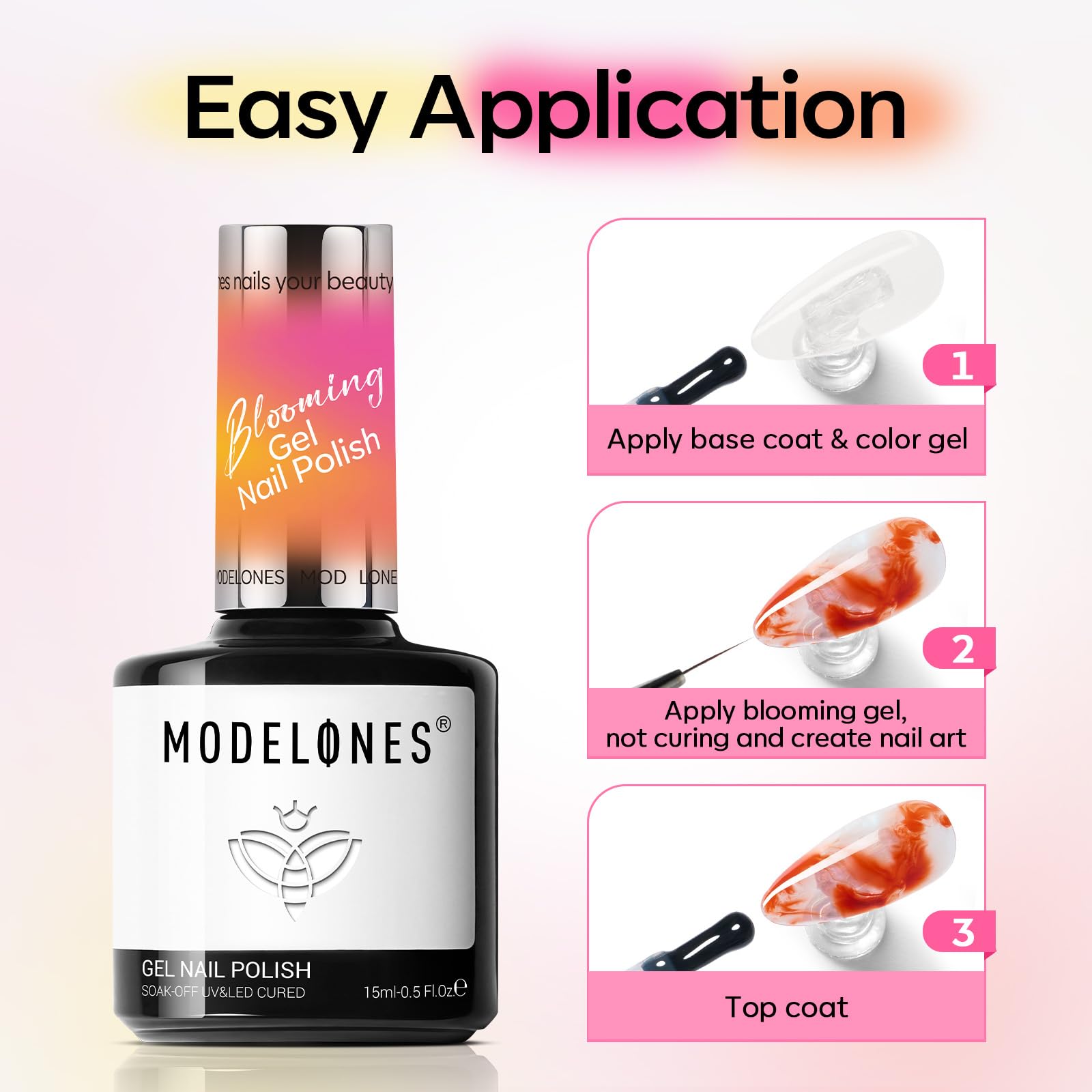 Modelones Blooming Gel, gradiente-efecto: transiciones suaves entre tonos para acabado sofisticado.