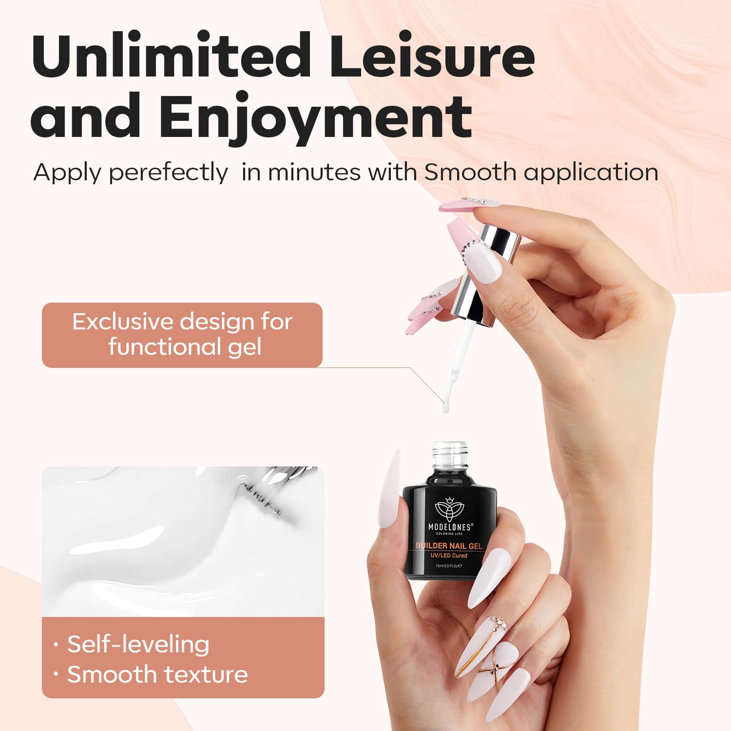 Modelones Builder Nail Gel delivers a glossy finish after cure for a professional look.