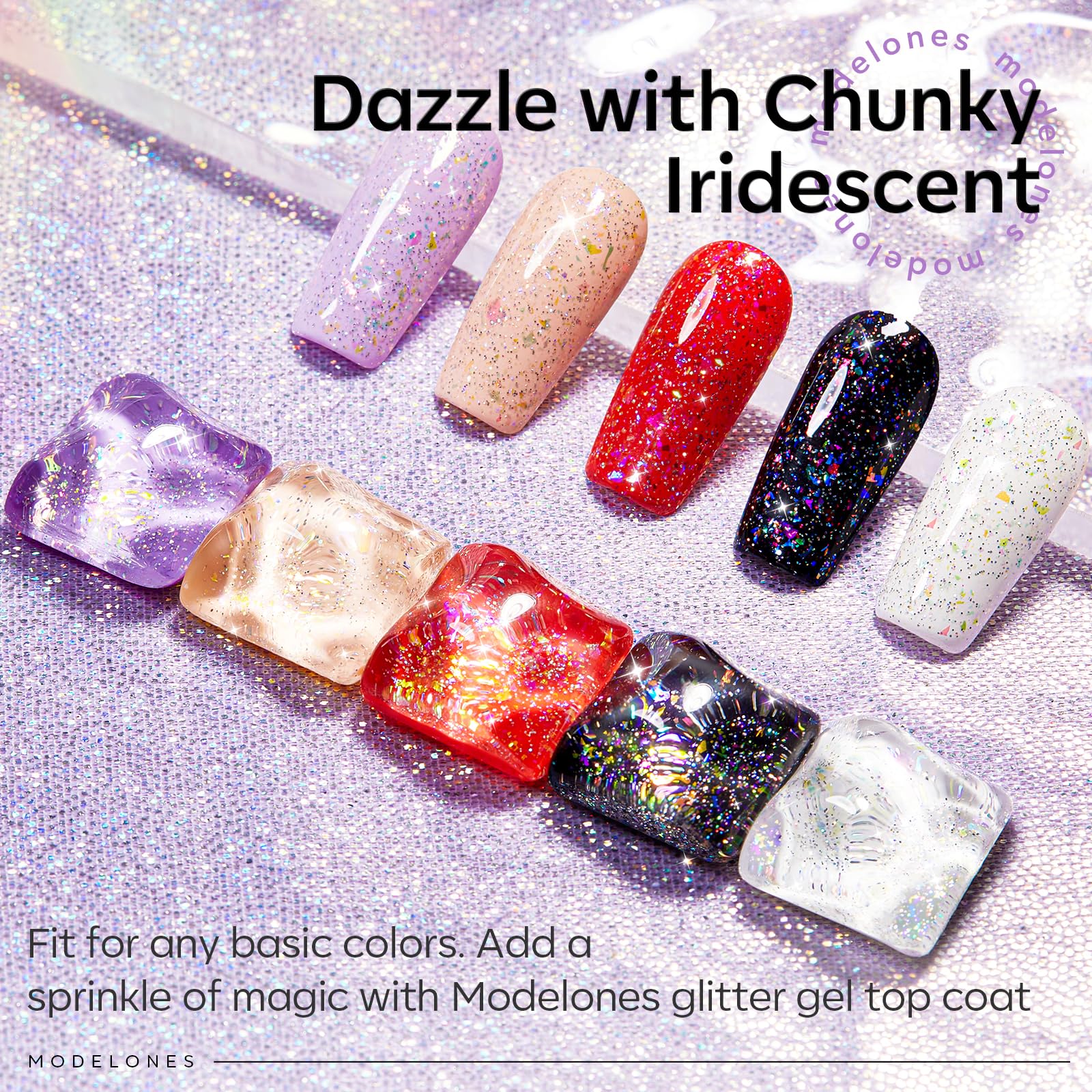 Modelones capa gel glitter con brillo disperso en uñas