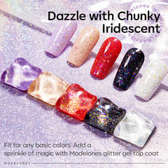 Modelones capa gel glitter con brillo disperso en uñas