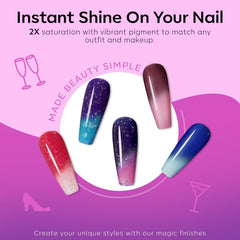 Modelones blue shade reveals dynamic color change for chic everyday nails.
