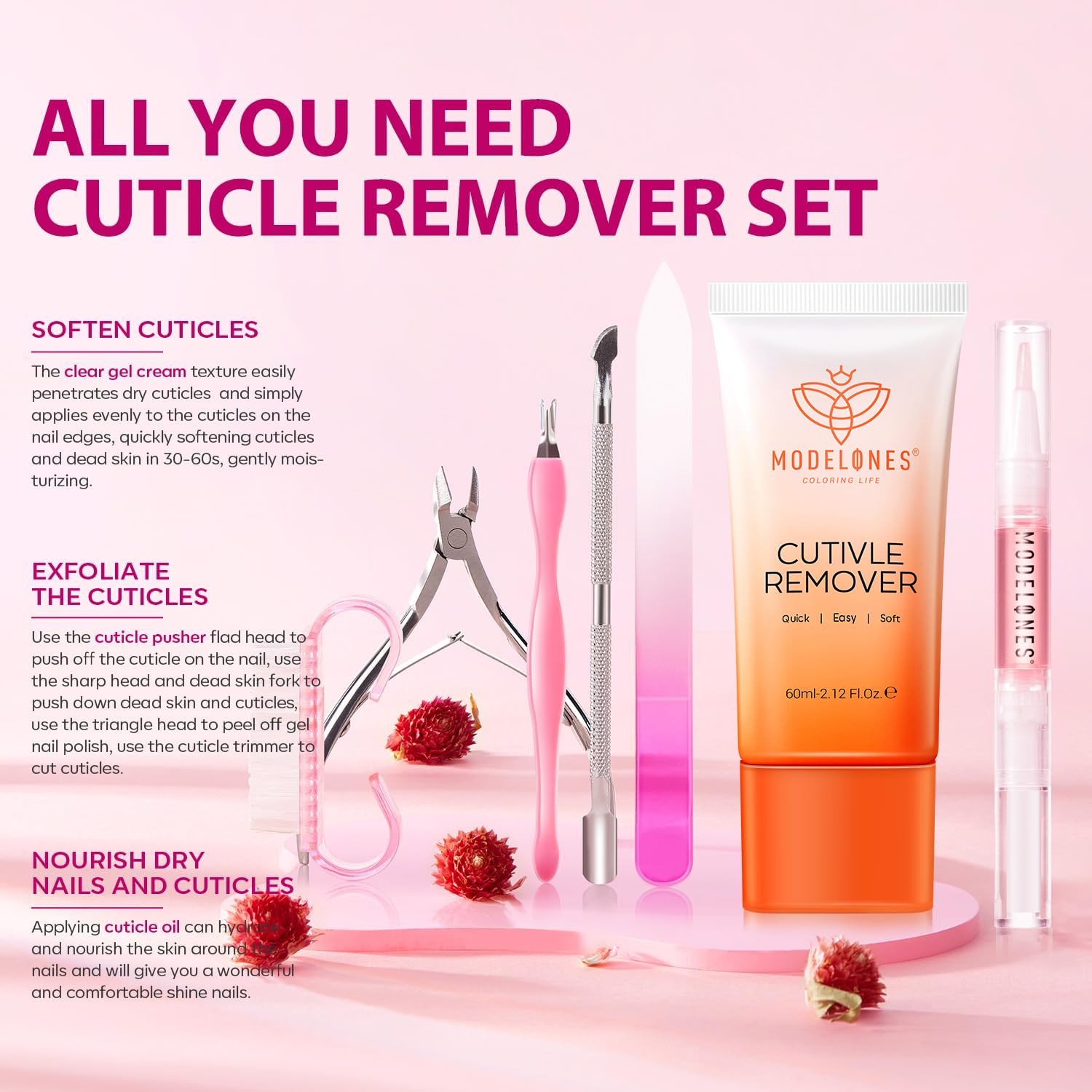 Modelones cuticle oil bottle nourishes the nail beds for hydration and healthy shine
