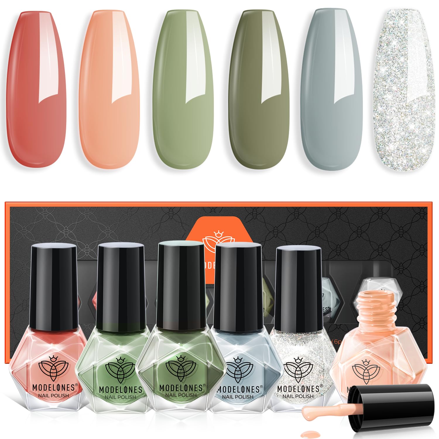 Modelones esmaltes set 6 colores verde azul nude para un look diario.